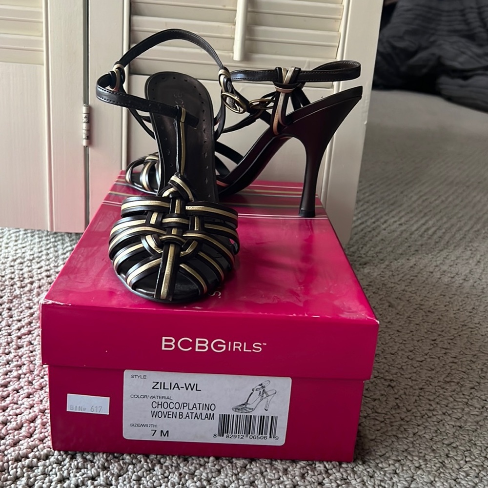BCBGirls Chocolate and gold woven heels